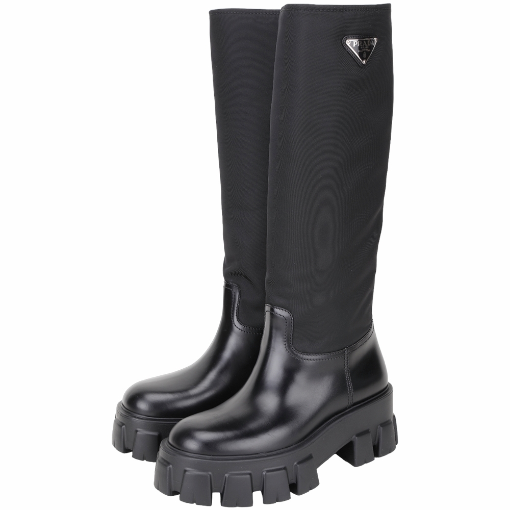 PRADA 普拉達Monolith 三角標尼龍拼接厚底長靴(黑色) | 其他配件