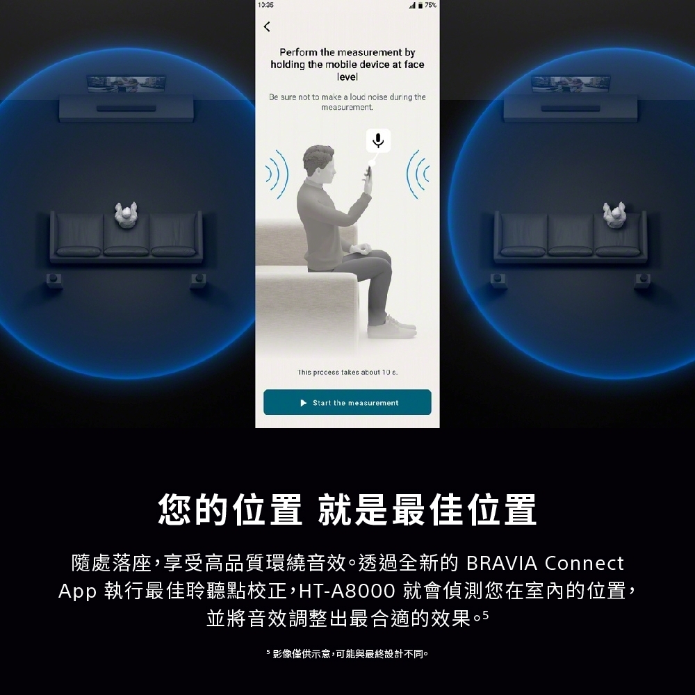 Prform the measurement byholding the mobile device at facelevel sure not to make a loud noise during themeasurementThis prccess takes about 10 eStart the measurement7您的位置 就是最佳位置隨處落座,享受高品質環繞音效。透過全新的 BRAVIA ConnectApp 執行最佳聆聽點校正,HT-A8000 就會偵測您在室內的位置,並將音效調整出最合適的效果5 影像僅供示意,可能與最終設計不同。