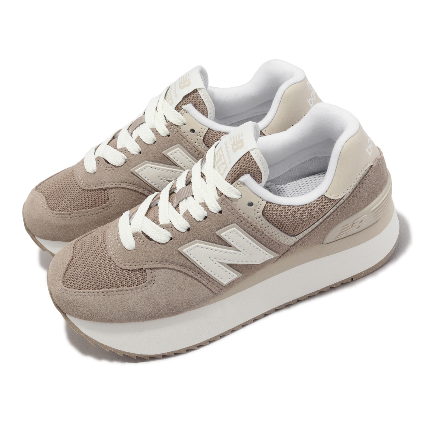 New Balance 休閒鞋574+ 女鞋奶茶白厚底增高麂皮經典NB 紐巴倫WL574ZSM