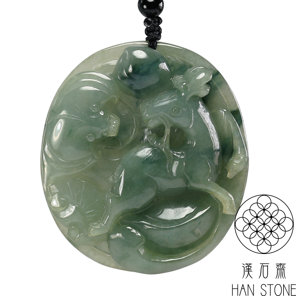 漢石齋】天然翡翠A貨如意蝠鹿玉珮吊墜冰糯種飄花(46*52*10mm) | 漢石齋