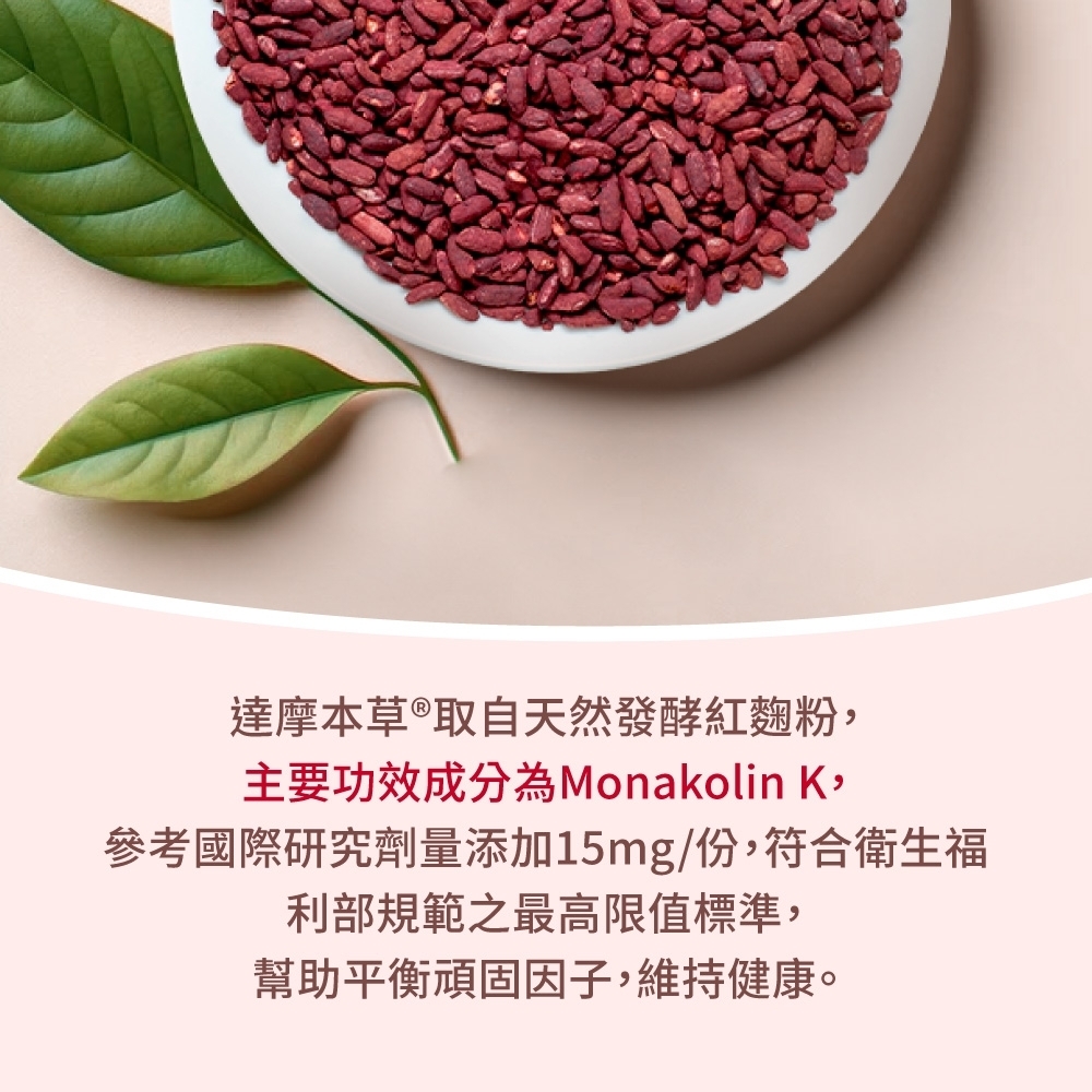 達摩本草®取自天然發酵紅麴粉,主要功效成分為Monakolin K,參考國際研究劑量添加15mg/份,符合衛生福利部規範之最高限值標準,幫助平衡頑固因子,維持健康。