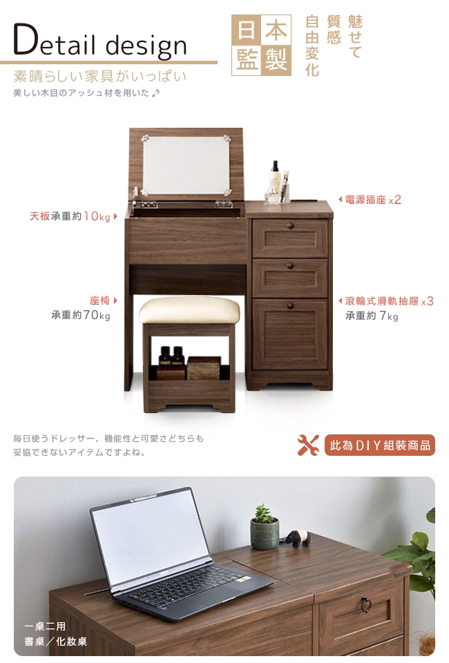 Sato ANRI小日子化妝三抽桌椅組‧幅80cm (優雅棕) W80*D40*H70/110cm