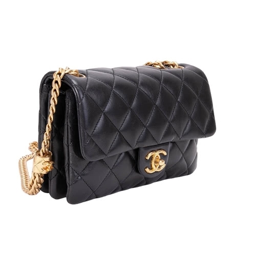 CHANEL 小物 CHANEL AS3393 小羊皮金色金屬菱格菠蘿調節釦鍊帶口蓋包(黑色