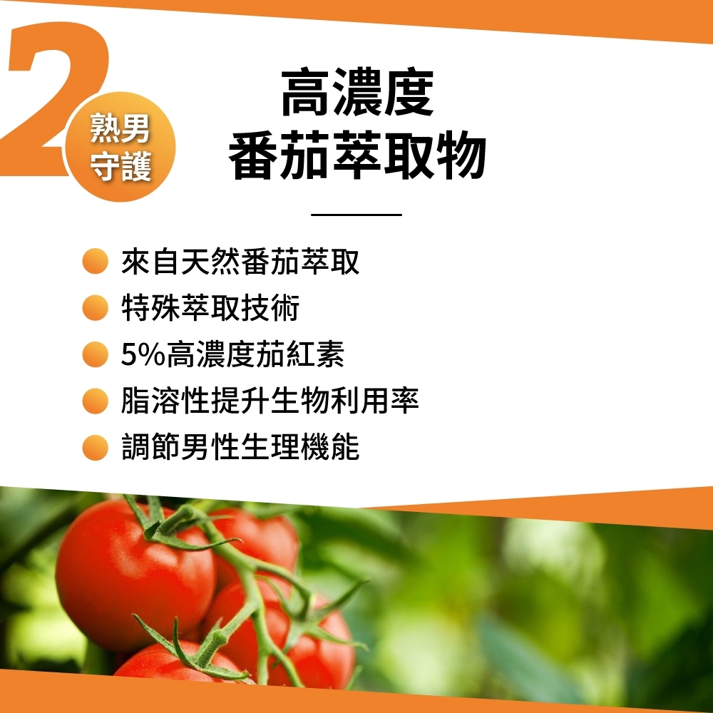熟男守護高濃度番茄萃取物來自天然番茄萃取特殊萃取技術5%高濃度茄紅素脂溶性提升生物利用率調節男性生理機能