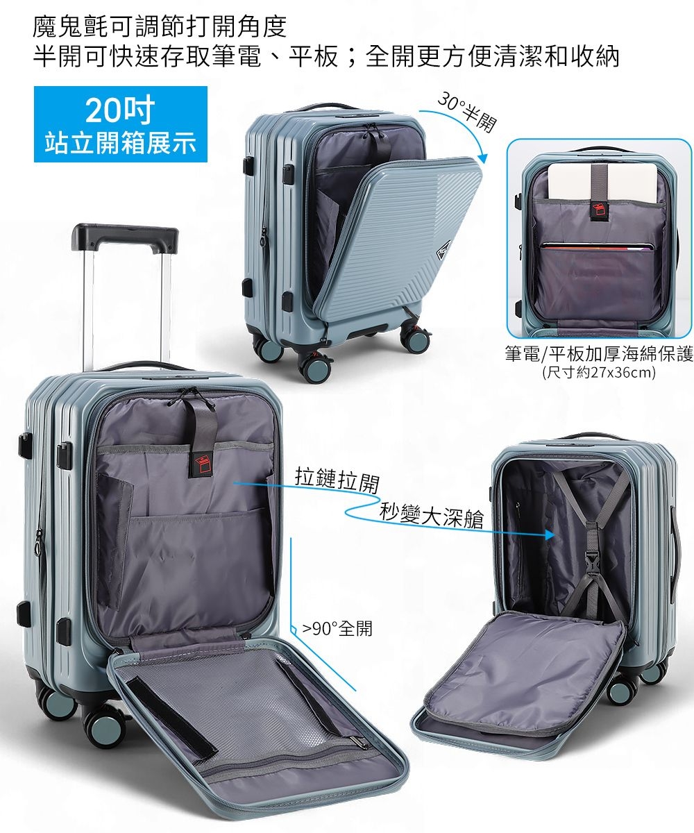 魔鬼氈可調節打開角度半開可快速存取筆電、平板;全開更方便清潔和收納30°半開20站立開箱展示拉鏈拉開秒變大深艙90°全開筆電/平板加厚海綿保護(尺寸約27x36cm)