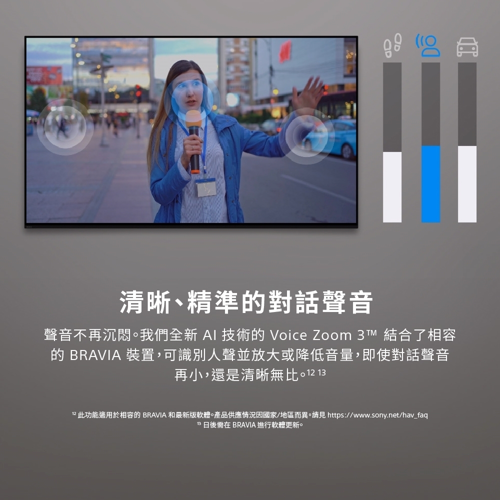 A清晰、精準對話聲音聲音不再沉悶我們全新 AI 技術的 Voice Zoom  結合了相容的 BRAVIA 裝置,可識別人聲並放大或降低音量,即使對話聲音再小,還是清晰無比 功能適用於相容的 BRAVIA 和最新版軟體。產品供應情況因國家/地區而異。請見 https://www.sony.net/hav_faq13 日後需在 BRAVIA 進行軟體更新。
