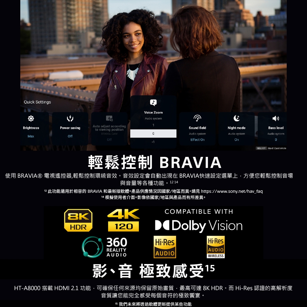 Quick SettingsVoice Zoom Auto adjust accordingBrightnessPower savingSound fieldNight modeBass levelOffto viewing position Off system systemEffect OnAudio systemSELECT 輕鬆控制 BRAVIA使用 BRAVIAⓇ電視遙控器輕鬆控制環繞音效音效設定會自動出現在 BRAVIA快速設定選單上,方便您輕鬆控制音場與音量等各種功能。1412 此功能適用於相容的 BRAVIA 和最新版軟體。產品供應情況因國家/地區而異。請見 https://www.sony.net/hav_faq14 模擬使用者介面。影像依國家/地區與產品而有所差異。HDR4K120360REALITYAUDIOCOMPATIBLE WITHDolby VisionHiResAUDIOHi-ResAUDIOWIRELESS影、音 極致感受15HT-A8000 搭載 HDMI 2.1 功能,可確保任何來源均保留原始畫質,最高可達 8K HDR。而Hi-Res 認證的高解析度音質讓您能完全感受每個音符的極致宴。15 我們未來將透過軟體更新提供某些功能