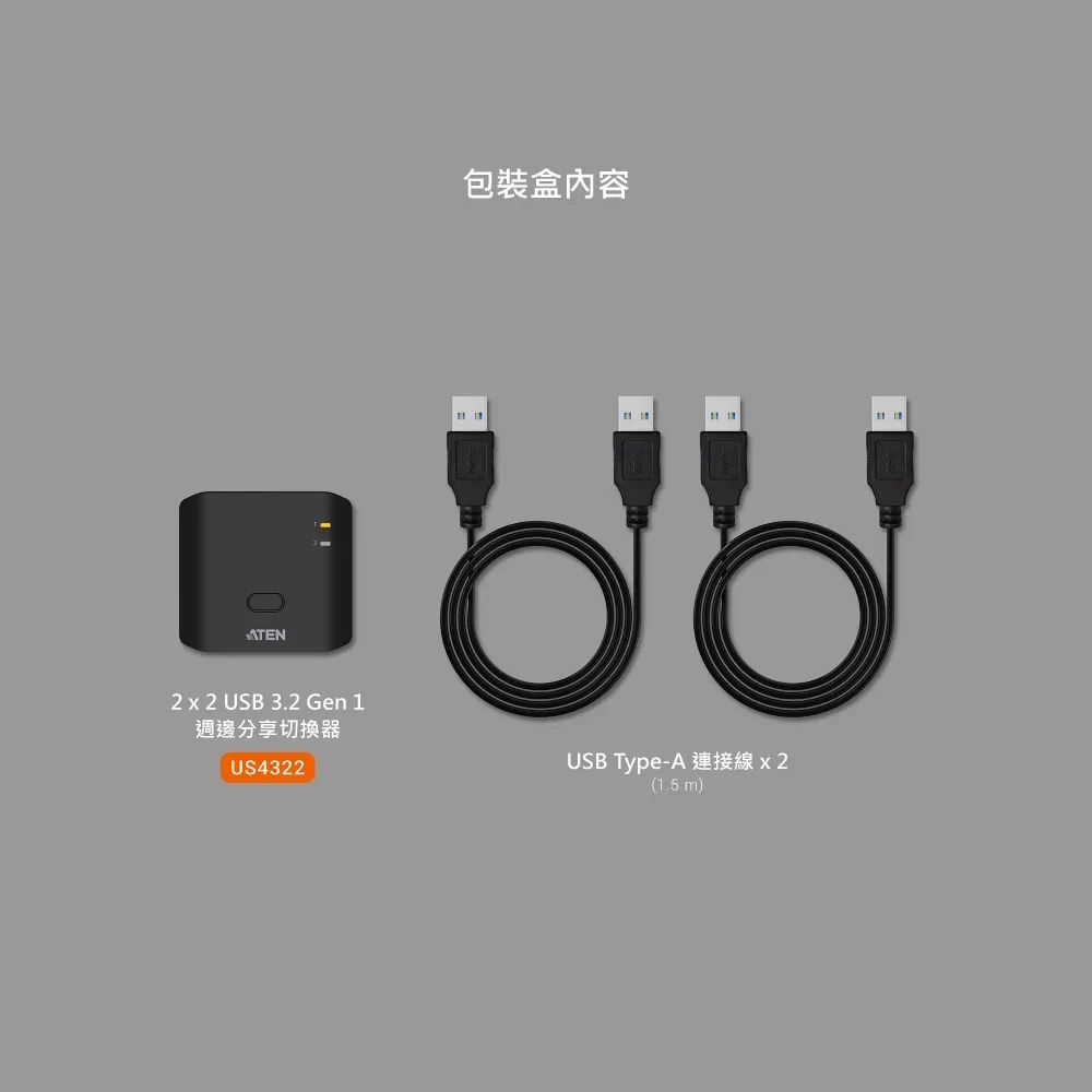 ATEN US4322 USB3.2 切換器兩台電腦共享兩個USB週邊設備GJ75094 | USB