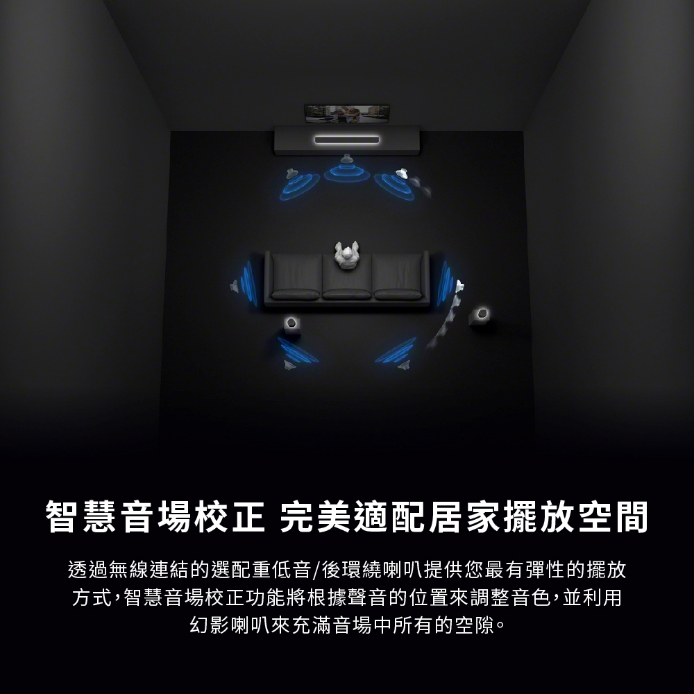 智慧音場校正 完美適配居家擺放空間透過無線連結的選配重低音/後環繞喇叭提供您最有彈性的擺放方式,智慧音場校正功能將根據聲音的位置來調整音色,並利用幻影喇叭來充滿音場中所有的空隙。
