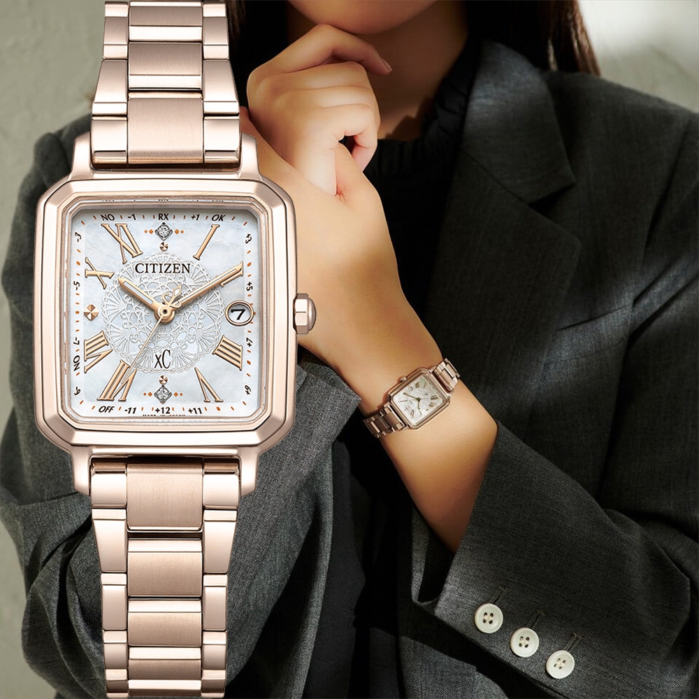 CITIZEN 星辰XC 限量櫻花粉超級鈦光動能電波白蝶貝鑽石女錶套錶618限定
