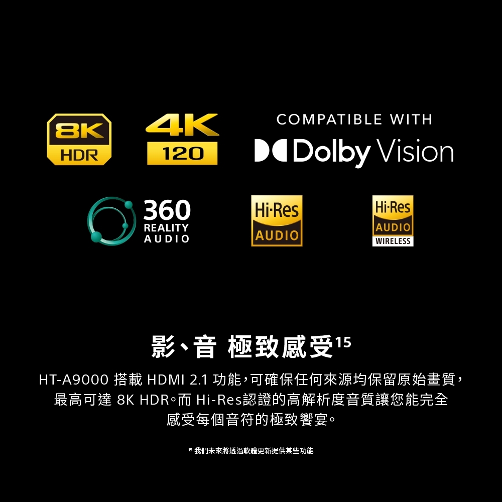 HDR4K120COMPATIBLE WITHDolby Vision360HiResHiResREALITYAUDIOAUDIOAUDIOWIRELESS影音 極致感受 15HT-A9000 搭載 HDMI 2.1 功能,可確保任何來源均保留原始畫質,最高可達 8K HDR Hi-Res認證的高解析度音質讓您能完全感受每個音符的極致饗宴。15 我們未來將透過軟體更新提供某些功能