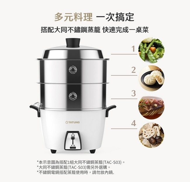 TATUNG大同】大同6人份不鏽鋼電鍋-白(內鍋+蒸盤)TAC-06L-MCW | 6-9人份