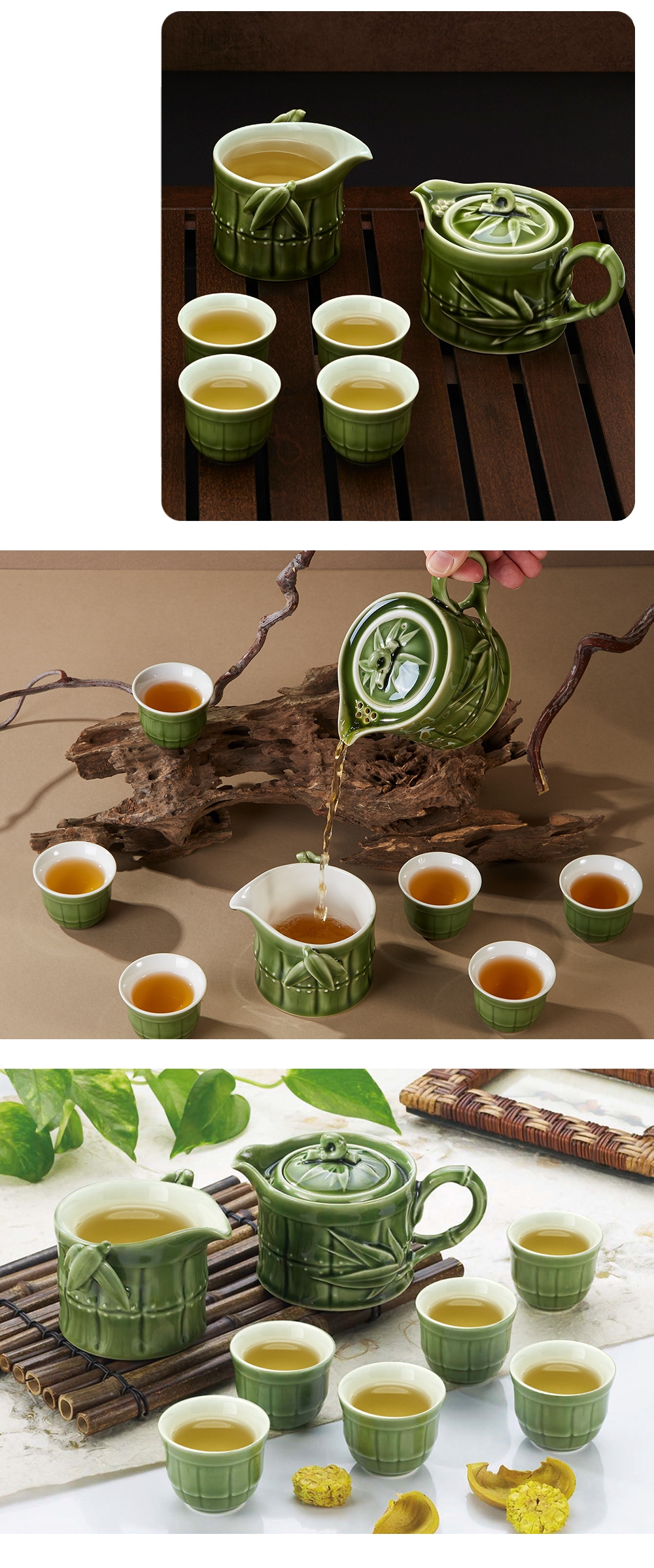 乾唐軒活瓷-竹節茶具組/ 綠釉/ 一壺+六杯+茶海| 杯子| Yahoo購物中心