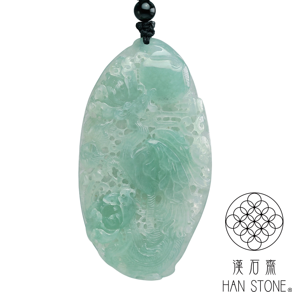 漢石齋】天然翡翠A貨鳳凰呈祥鏤空雕玉佩吊墜冰種飄花(38*69*8mm) | 漢