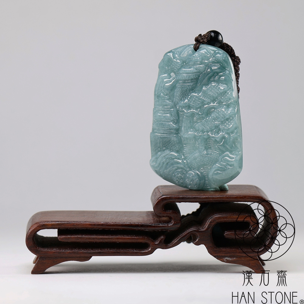 漢石齋】天然翡翠A貨山水玉佩吊墜藍水種飄花(36*47*4mm) | 漢石齋