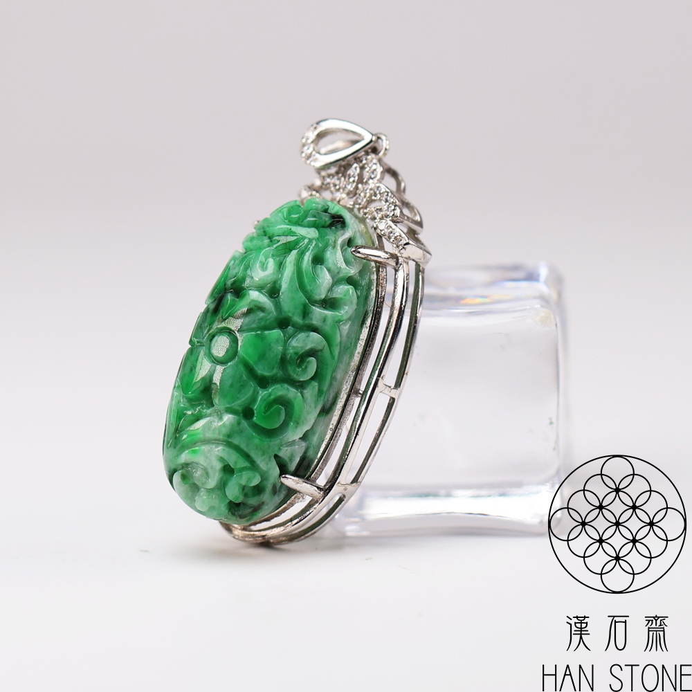 漢石齋】天然翡翠A貨雕紋蛋面玉珮吊墜飄花種帶辣綠(17*32*14mm連台
