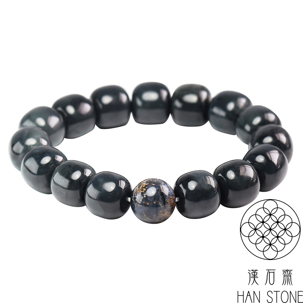 漢石齋】天然和田玉手珠手串墨玉青花配瑪瑙珠(13-14mm/15+1pcs) | 漢石