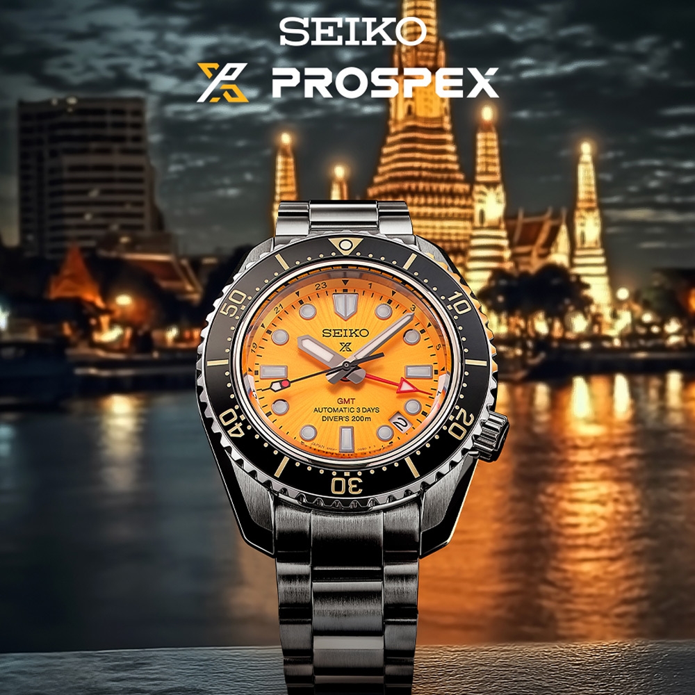 SEIKO 精工Prospex 暹羅之夜限量款GMT三日鍊潛水陶瓷機械錶-42mm橘6R54
