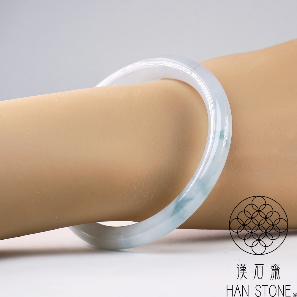 漢石齋】天然翡翠A貨圓條手鐲玉鐲冰種飄花(手圍18/版寬7.5mm) | 漢石齋