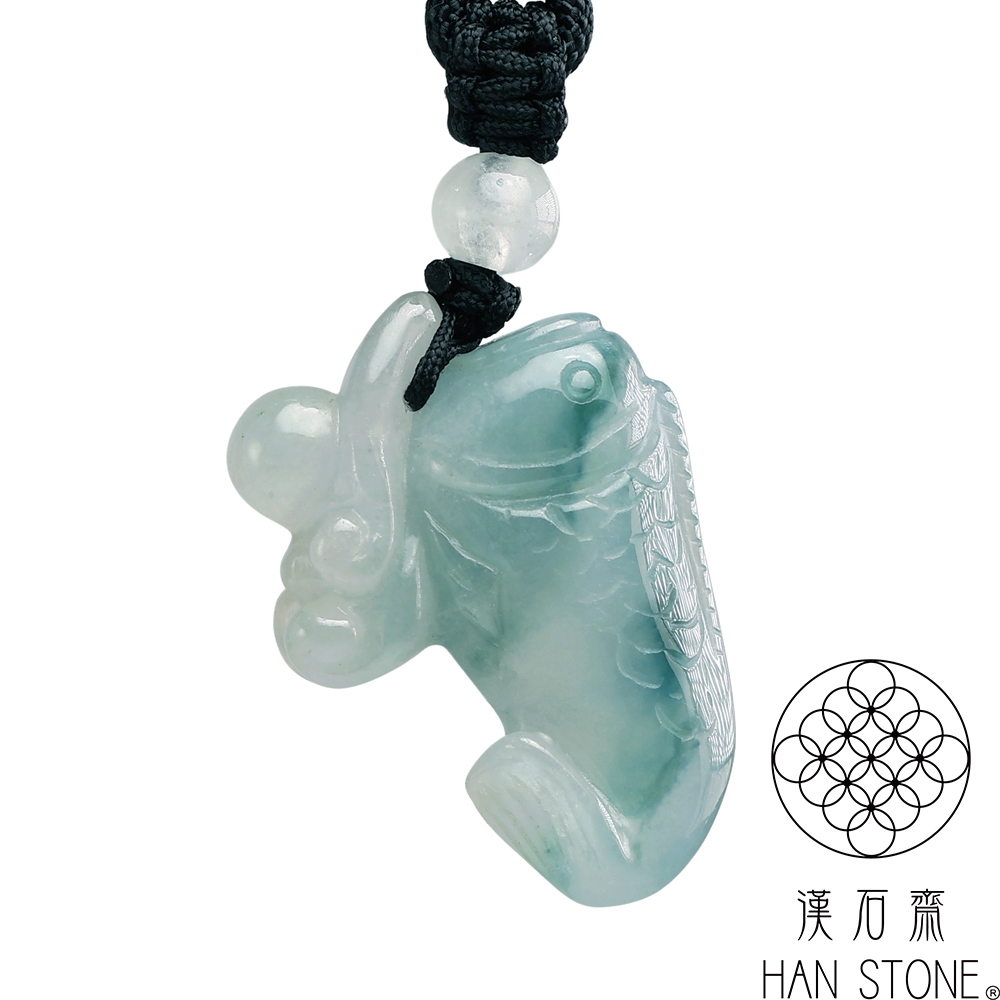 漢石齋】天然翡翠A貨小鯉魚吐瑞玉佩吊墜冰糯種飄花(29*21*9mm) | 漢石