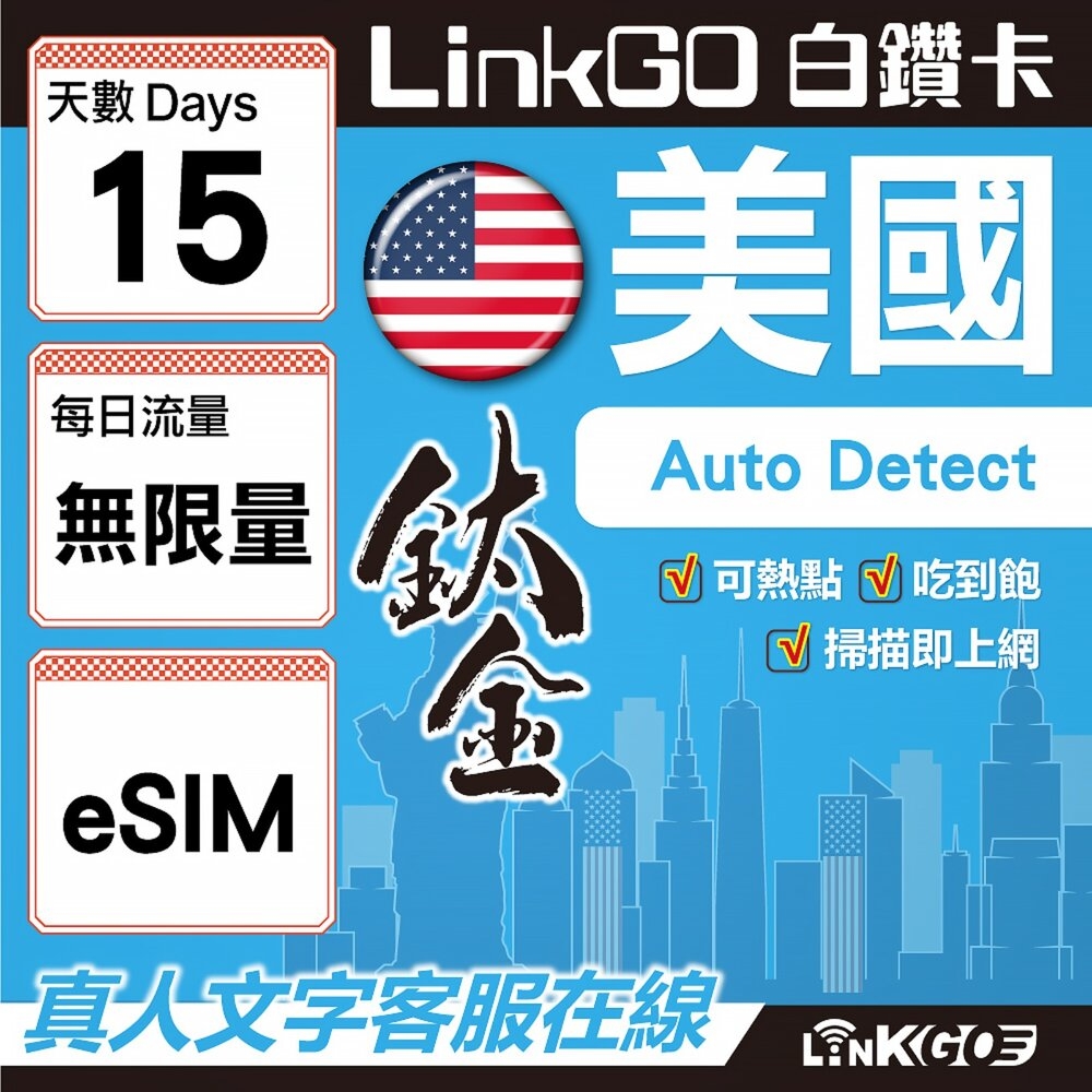 LinkGO白鑽卡 美國 eSIM卡 15天鈦金款吃到飽不降速 高速流(美國網卡 舊金山 洛杉磯 紐約 西雅圖) | 上網卡 | Yahoo購物中心