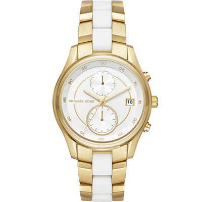 Michael Kors MK 雙時區時尚腕錶-白x金色/40mm