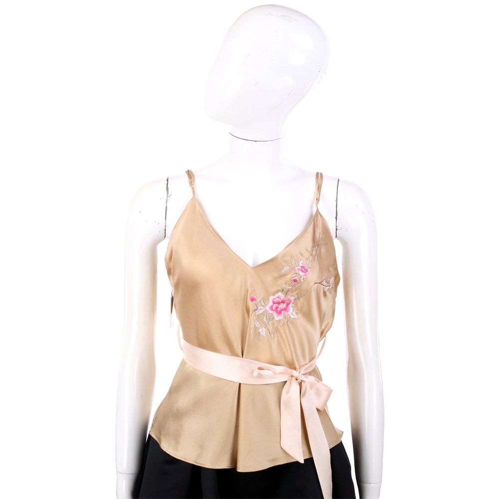 BLUMARINE 金色絲緞繡花細肩帶背心