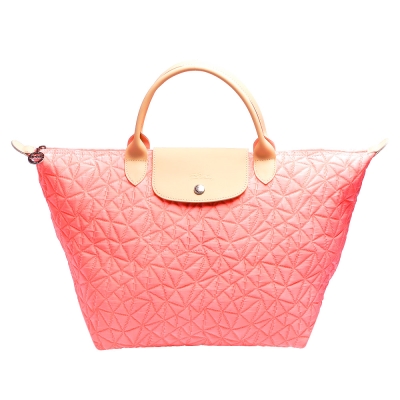 LONGCHAMP LE PLIAGE ILLUSION三角幾何花紋短把購物包-中-珊瑚紅