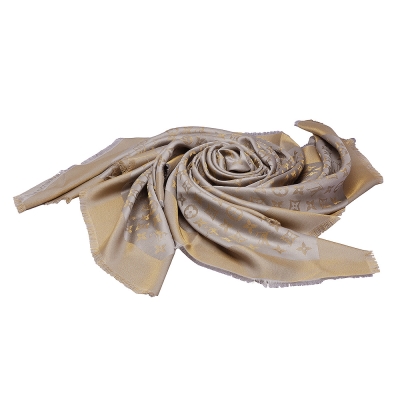 LV Louis Vuitton路易威登 M75121 經典Monogram SHINE 金銀線織花羊毛紡絲大披巾(米色)