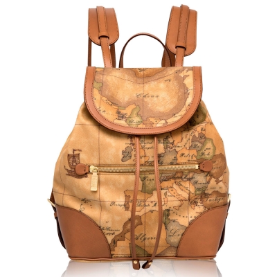 Alviero Martini 義大利地圖包 經典扣式束帶後背包-地圖黃