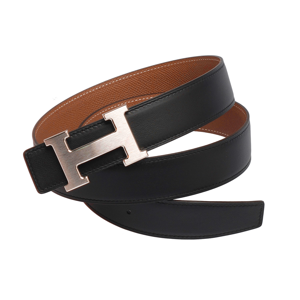 HERMES 經典銀色髮絲紋H LOGO雙面兩穿小牛皮腰帶/皮帶(黑X駝) | 精品服飾/鞋子| Yahoo購物中心