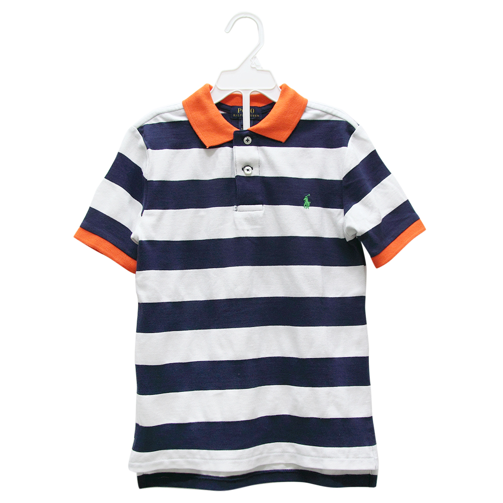 Ralph Lauren 男童經典小馬粗條紋短袖POLO衫-藍/白橘