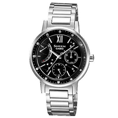 CASIO SHEEN系列 仲夏星塵三環晶鑽時尚腕錶(鋼帶-銀黑)-33mm