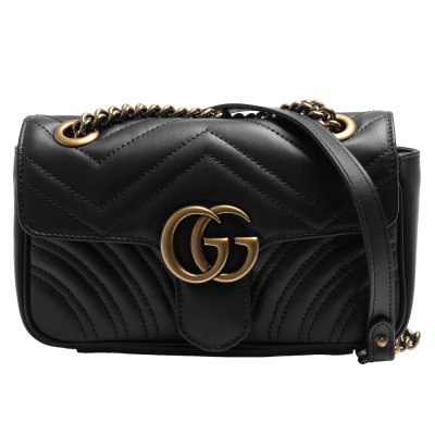 GUCCI 古馳 Marmont matelasse仿舊金色LOGO山字紋肩/斜背包(迷你-黑)