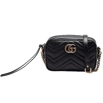 GUCCI 古馳 Marmont 2.0系列仿舊金色雙G LOGO 山字車紋拉鍊肩背包(黑色)