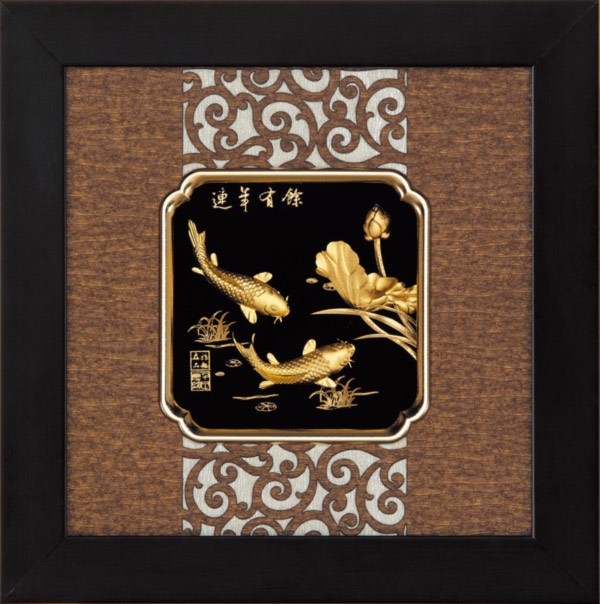開運陶源金箔畫純金*小古典中國風系列*鯉魚【連年有餘】24x24cm