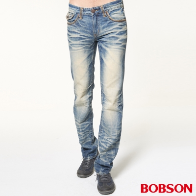 BOBSON 男款立體貓鬚壓摺直筒褲