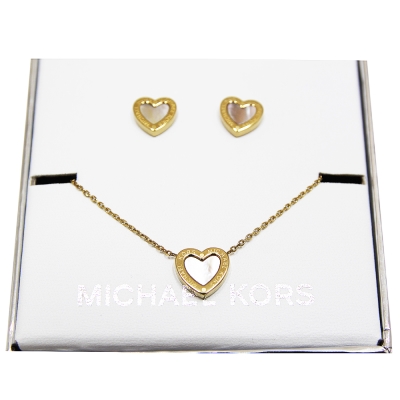 MICHAEL KORS 愛心項鍊及愛心耳環套裝組-金色(附原廠禮盒)