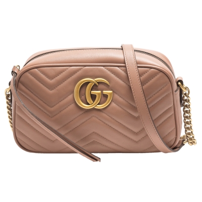 GUCCI 古馳 GG Marmont系列仿舊金色雙G LOGO牛皮山字車紋拉鍊肩背包(裸色)