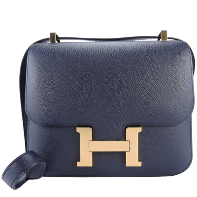 HERMES 愛馬仕 Constance EP防刮牛皮斜背包(24cm/海軍藍76/金釦)
