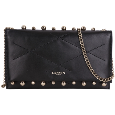 LANVIN Sugar Pearl 珍珠鉚釘菱格車縫羊皮鍊帶肩背包(黑色)