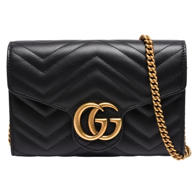 GUCCI 古馳 GG Marmont系列仿舊金色雙G LOGO 山字車紋牛皮釦式手拿/斜背包(