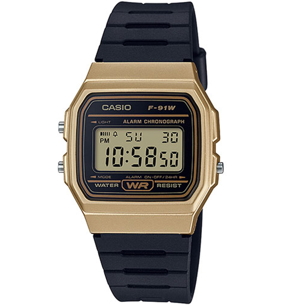 CASIO 運動小子電子錶(F-91WM-9A)-黑x金框-35mm / 考試錶