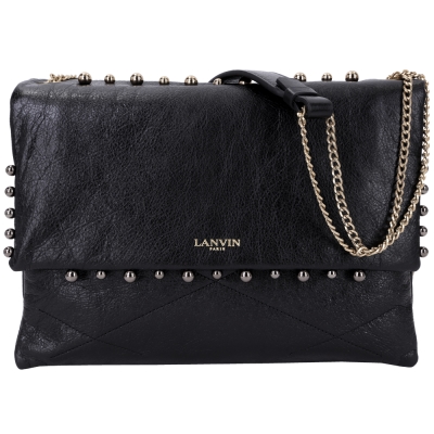 LANVIN Sugar Pearl 珍珠鉚釘小羊皮鍊帶肩背包(黑色)