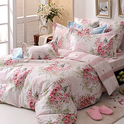 【Great Living格蕾寢飾】義大利La Belle 薔薇戀曲-粉 特大純棉床包枕套組