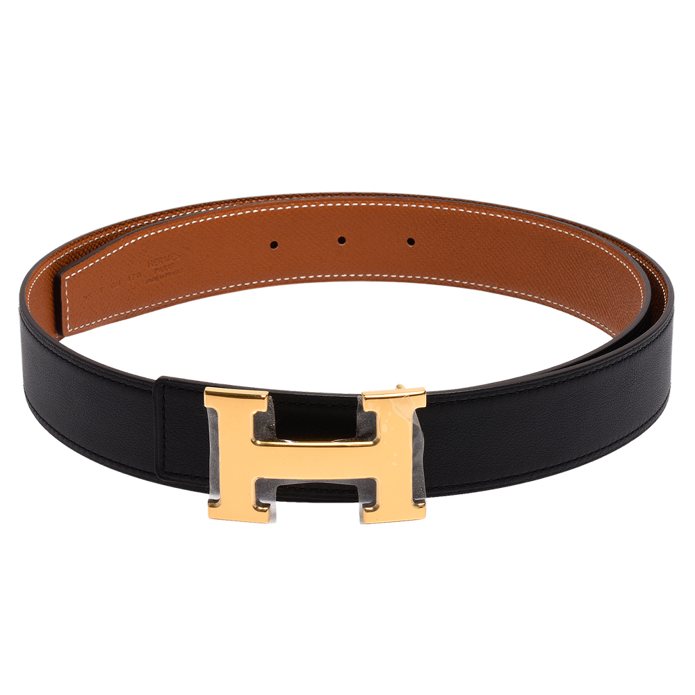 HERMES 經典金色H LOGO雙面兩穿小牛皮腰帶/皮帶(黑X駝) | 精品服飾/鞋子| Yahoo購物中心