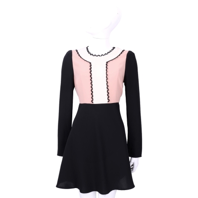 RED VALENTINO 黑粉花邊拼色長袖洋裝
