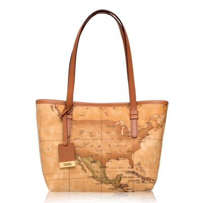 Alviero Martini 義大利地圖包 扣式長把手提肩背托特包(小)-地圖黃