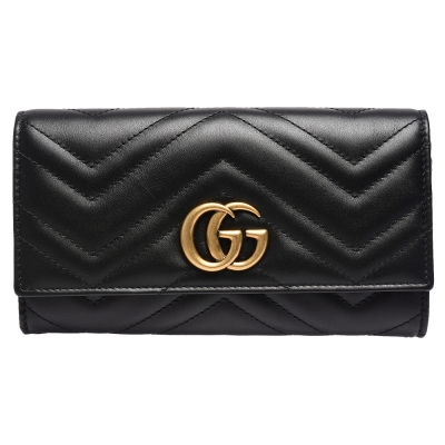 GUCCI 古馳 GG Marmont絎縫紋牛皮金屬雙G LOGO長夾(黑)