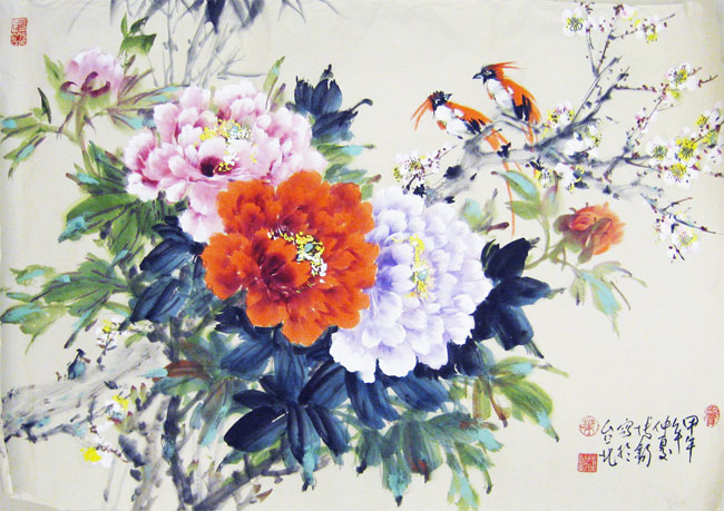 手繪水墨花鳥圖原作花開富貴【牡丹翠鳥畫牡丹圖】已裱框| 掛畫/掛布